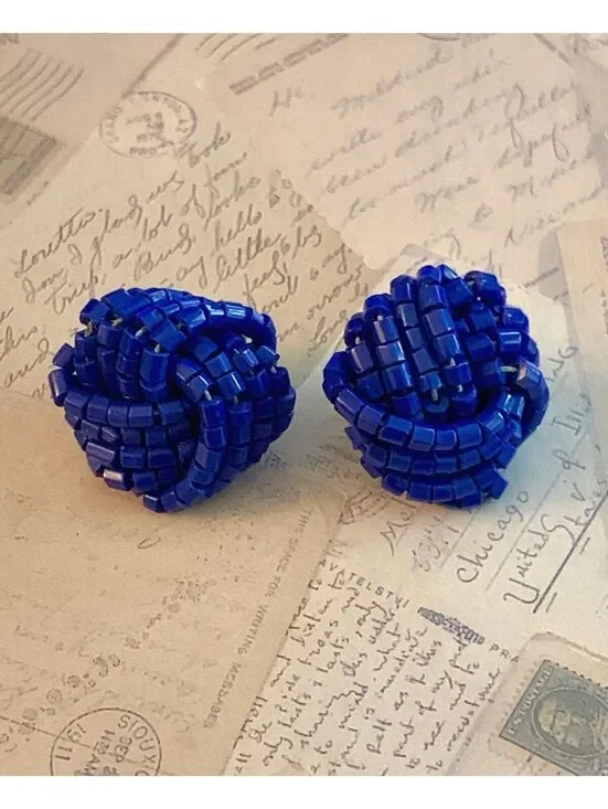Vintage Bold Blue Beaded Knot Earrings - Statement Studs for Fun Style