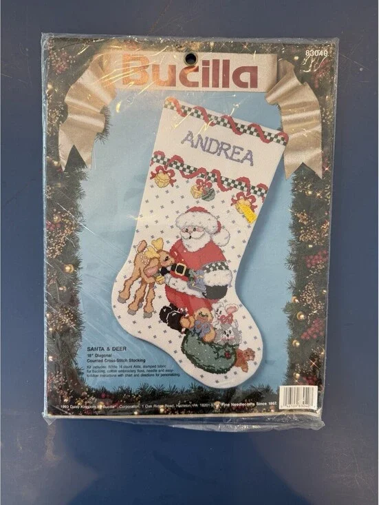 Vintage 1993 Bucilla Santa And Deer Cross Stitch Stocking New