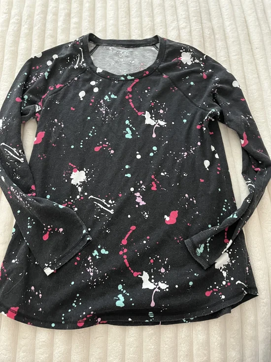 Justice Girls Black Long Sleeve Tee with Pink, Teal & White Paint Splatter