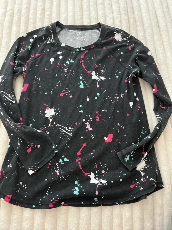 Justice Black Long Sleeve Top with Pink, Teal & White Paint-Splash
