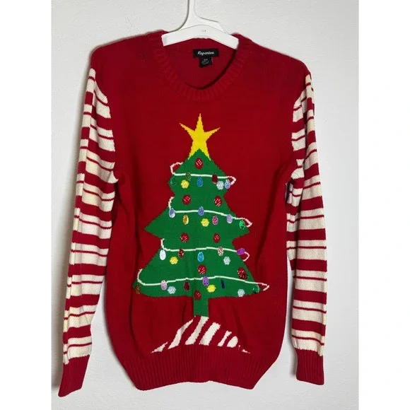 Repartee Christmas Tree Sequin Sweater Red Striped Sleeve Holiday Mens Small/Med