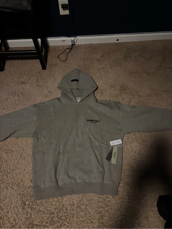 ESSENTIALS Light Gray Pullover Hoodie with Subtle Chest Logo
