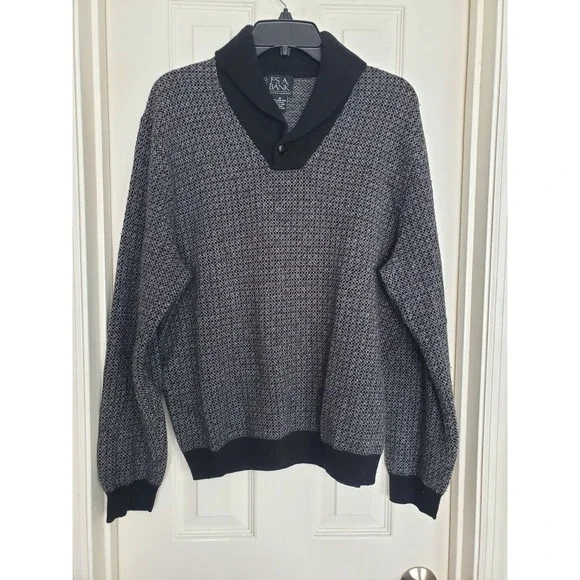 Jos. A. Bank Sweater Grey Black Lambswool Shawl Collar Pullover Medium