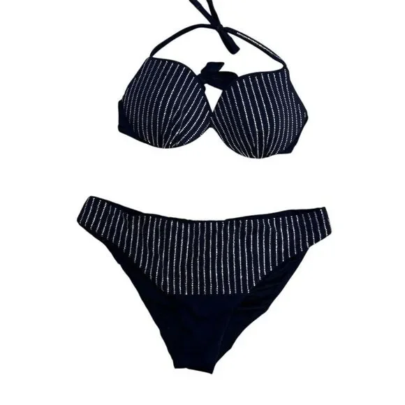 NWOT Calzedonia M Black Crystal Embellished Striped Halter Bikini Set 2 Piece