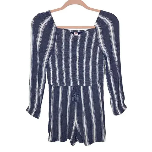 Justice Girls Blue White Striped Smocked Romper Size‎ 12 Boho Tassel