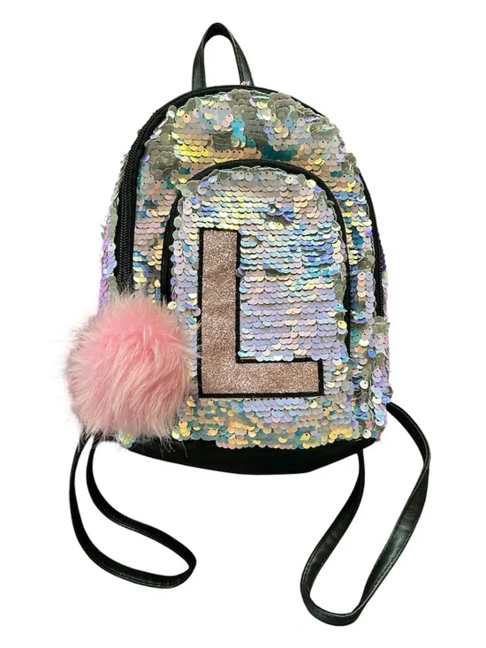 Justice | Girls Iridescent Sequin Mini Backpack with Pink Pom Pom and Letter L