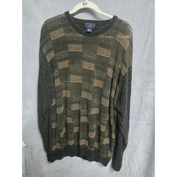 Dockers Mens XXL Olive Green Textured Checkerboard Knit Crewneck Sweater Rayon