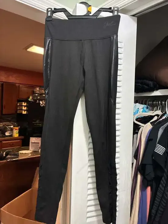 Justice Active Girls Black Leggings with Faux Leather Side Panels and Mesh Latti