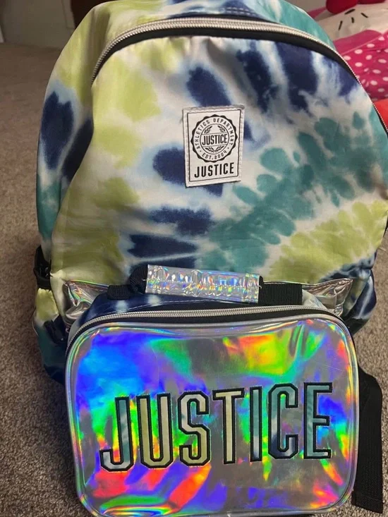 Justice Holographic Lunch Bag with Blue-Green Tie-Dye Backpack