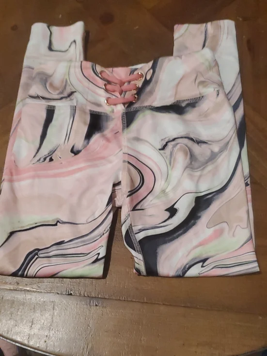 Justice Pink Marble Lace-Up Waist Leggings with Black & Mint Swirl