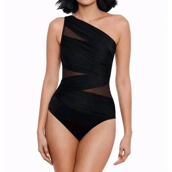 Miraclesuit Jena One Shoulder Swimsuit 10 (est) Black Mesh Slimming Ruched