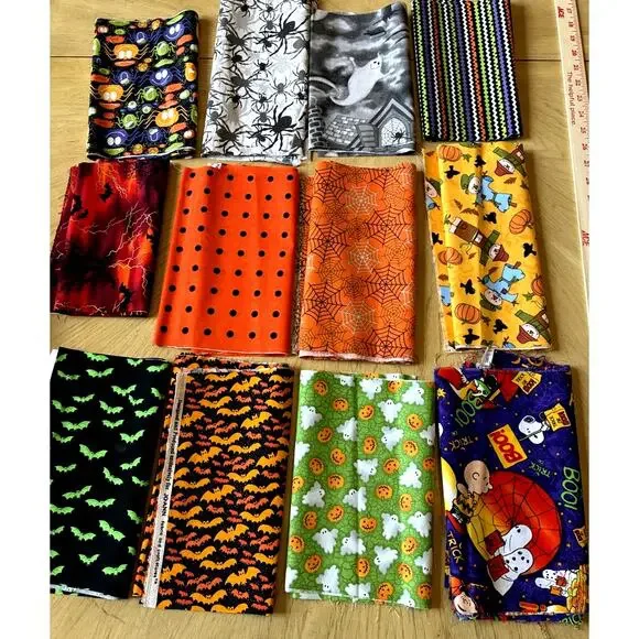 Lot 12 Halloween Cotton Fabric Destash Prints Cats Bats Ghosts Snoopy 42”x10”