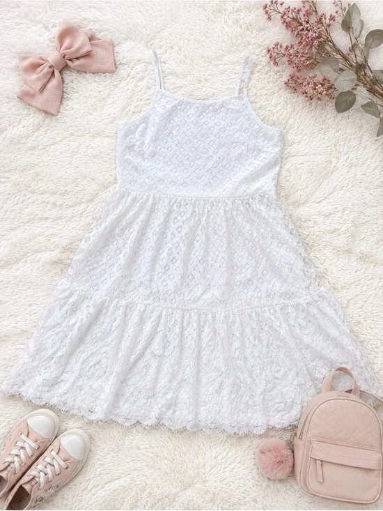 Girls' White Lace Spaghetti-Strap Tiered Dress