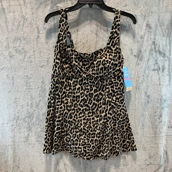 Swim Solutions Leopard Print Square Neck Swimdress Black Tan Size 14 70008004