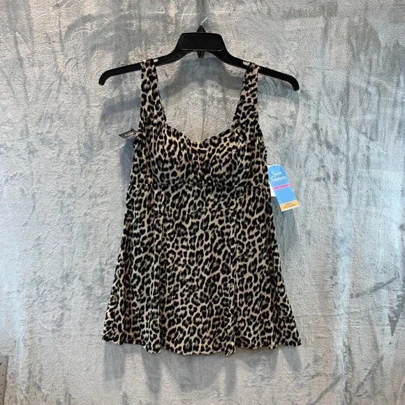 Swim Solutions Womens Leopard Print Square Neck Swimdress Black Tan 12 8005649