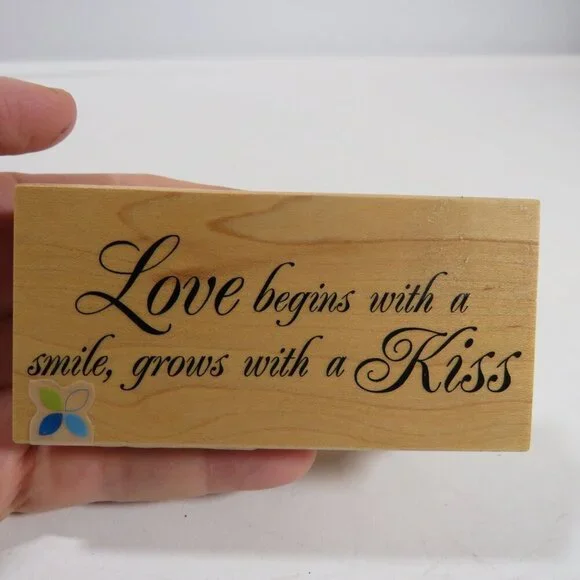 Love begins with a smile...Wood Block Word Rubber Stamp