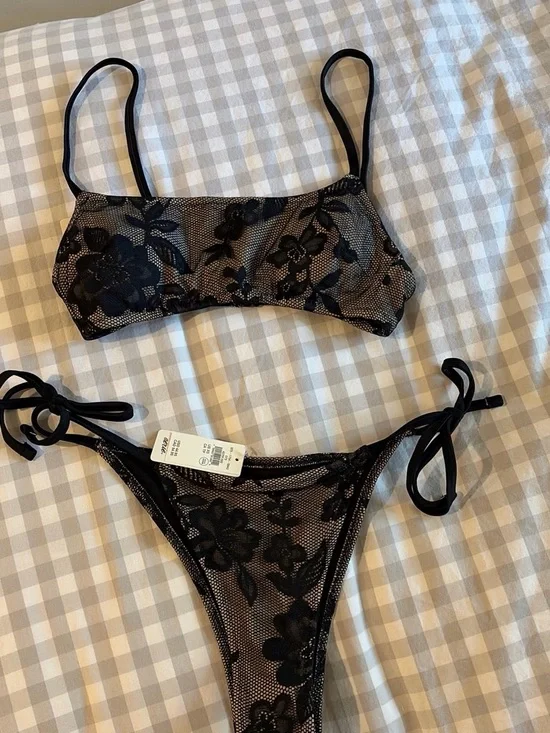 aerie Black Floral Lace Bandeau Bikini Set