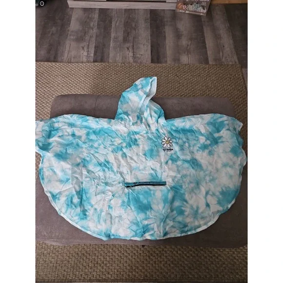 Justice Sport Girls Blue Tie‎ Dye Packable Rain Poncho Hooded One Size Fits All