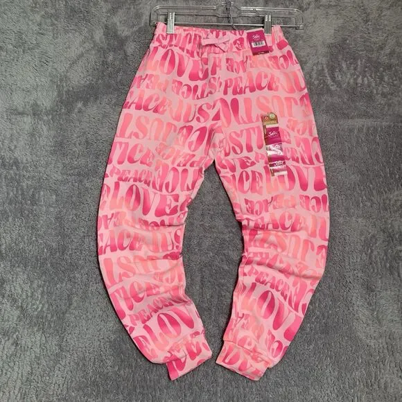 Justice Joggers Girls‎ Size M 10 Pink Peace Love Justice Graphic Fleece NWT