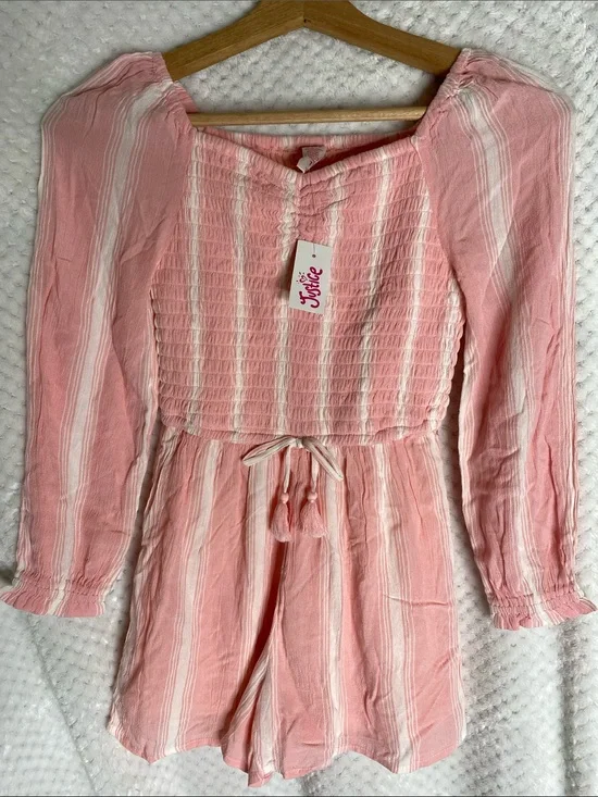 Justice Girls Pink & White Striped Smocked One-Piece Shorts Romper
