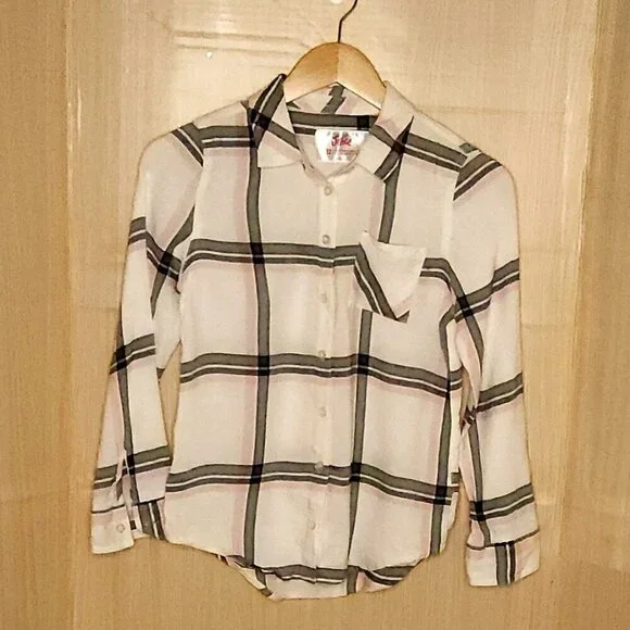 Justice Girls Ivory Pink Plaid Soft Button Down Shirt 12