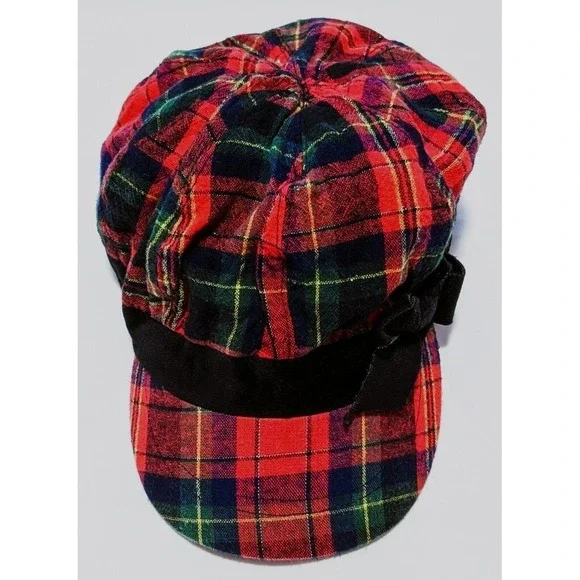 EUC Justice Girls Medium Large Red Green Black Velvet Bow Plaid Fashion Hat