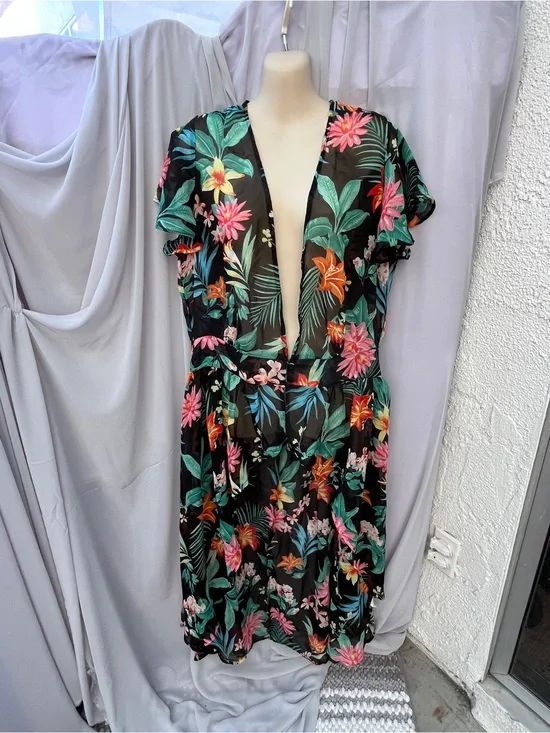 Derek Heart Black Tropical Floral Deep V Swim Cover-Up