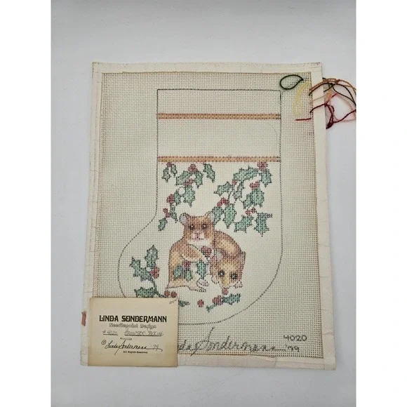 Vtg Linda Sondermann Handpainted‎ Needlepoint Canvas Christmas Stocking Hampster