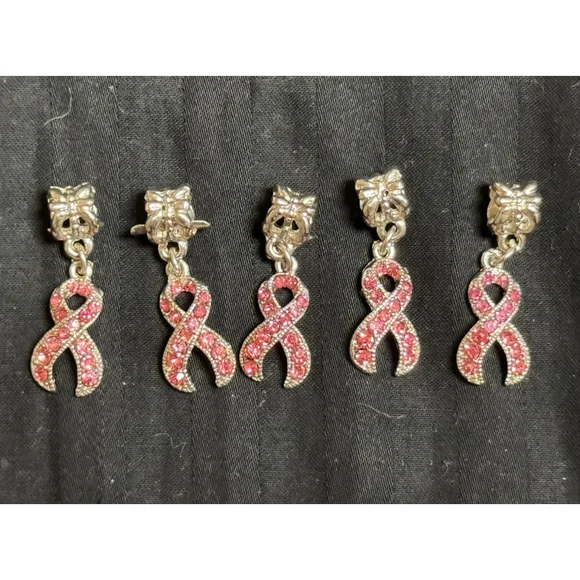 Set of 5 Silver and Pink Rhinestone Breast Cance Awareness Ribbon Dangle Charms