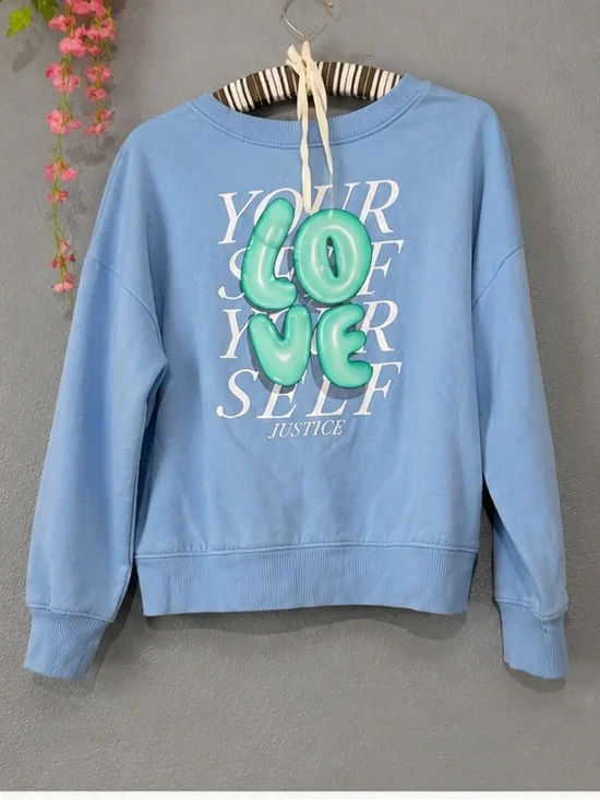 Justice Light Blue Sweatshirt with Mint Green Puffy 'Love Yourself' Graphic