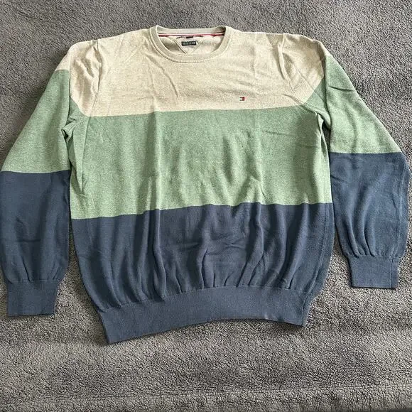 Tommy Hilfiger Mens XL Premium Cotton Colorblock Crewneck Sweater Retro 80s Y2K