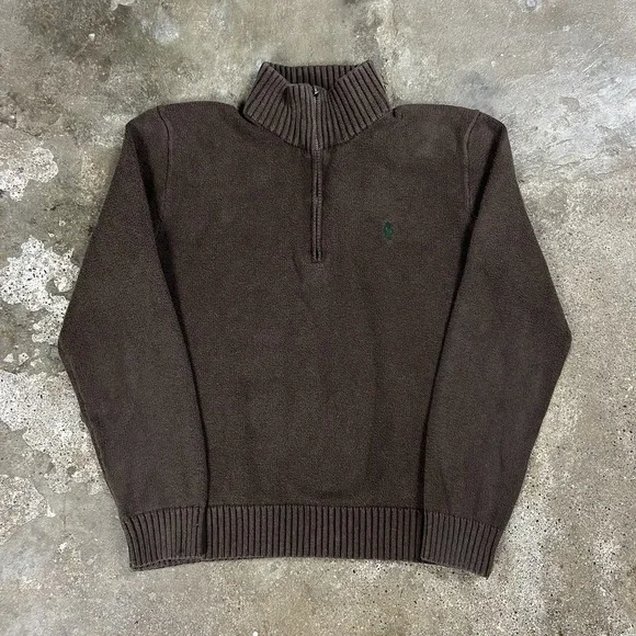 Vintage 90s Polo Ralph Lauren 1/4 Zip Sweater Size Small Brown Fleece Pullover