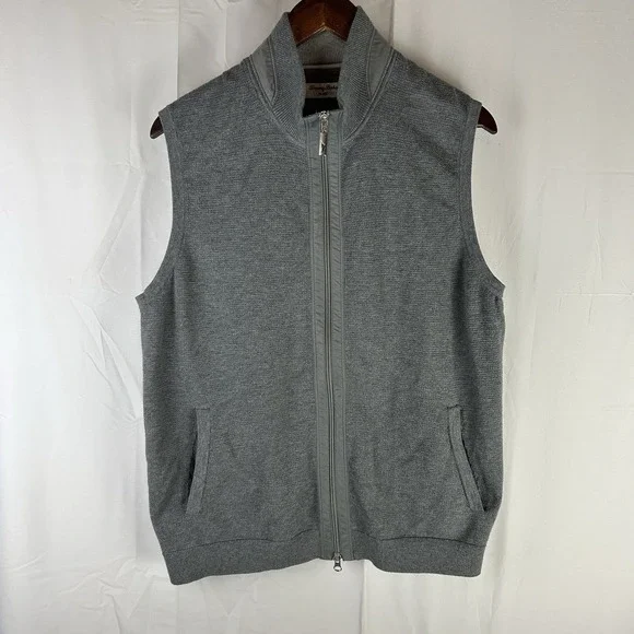 Tommy Bahama Island Zone Full‎ Zip Sweater Vest Mens L Gray Golf Preppy Coolmax