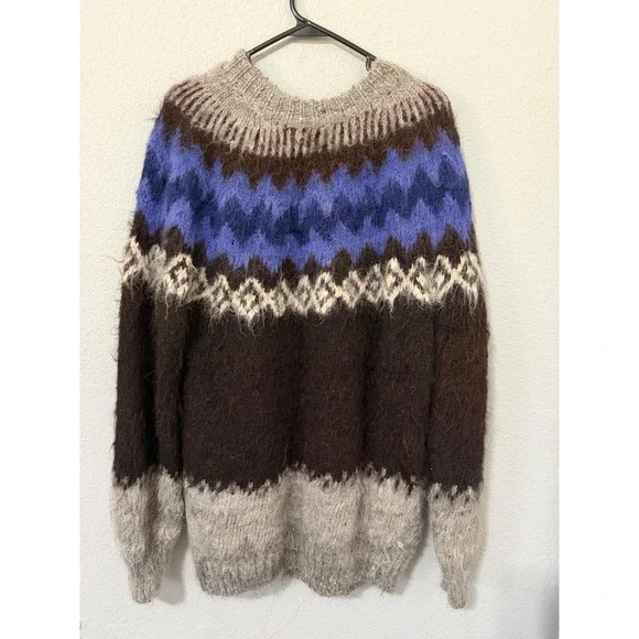 Vintage 90s Rev Wear 100% Alpaca Wool Fair Isle Sweater M Men Brown Blue Bolivia