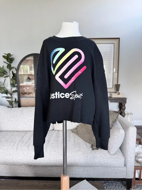 Justice Youth Medium Black Crewneck Sweatshirt with Rainbow Heart Logo