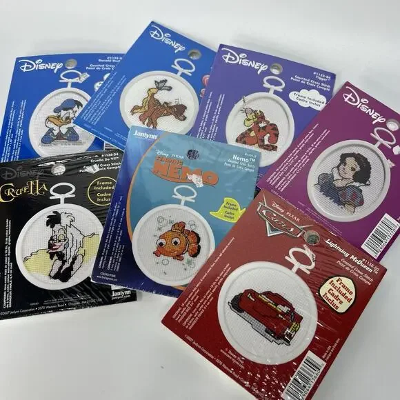 Lot 7 Janlyn Disney Mini Cross Stitch Ornament Kits Frames Nemo McQueen Cruella