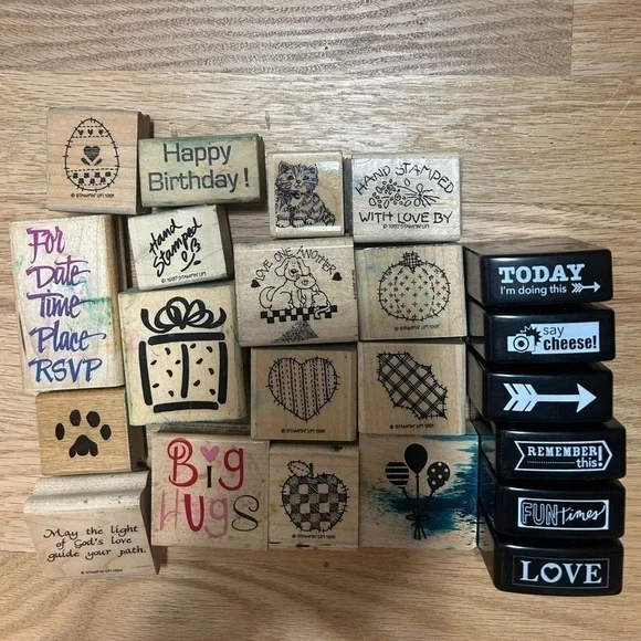 Vintage Rubber Stamp Bundle Lot Wooden Birthday Cat Hugs Invitation Balloons