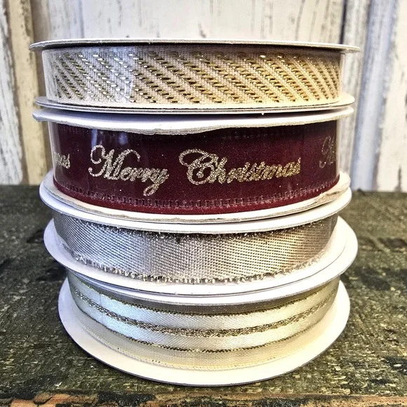 4 PC Celebrate It Christmas Ribbon Gold Burgundy‎ Victorian 3/8