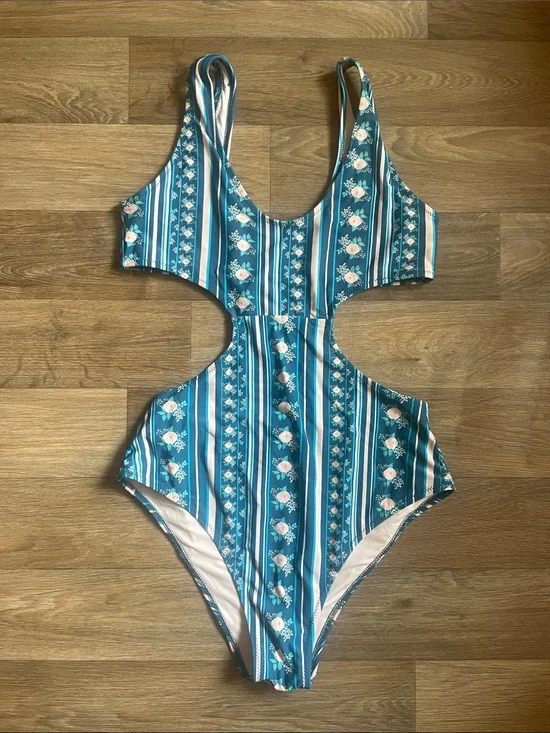 Blue One Piece swimsuit with open back
