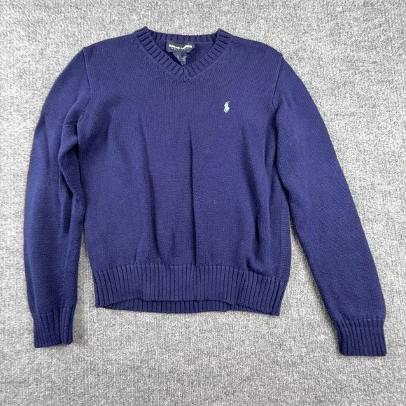 Ralph Lauren Sweater Mens Medium Blue V Neck Cotton Knit Pullover Polo Golf