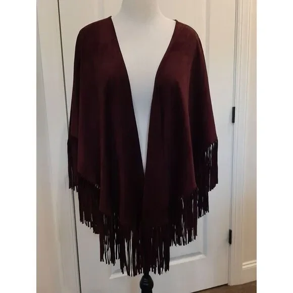 WHBM Cabernet Fringe Cape Poncho NWT One Size Boho Western