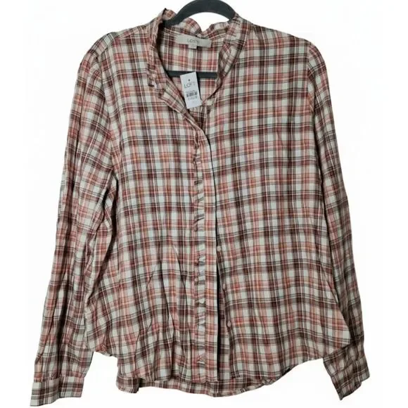 Ann Taylor womens xl tartan plaid shirt western cowboy rust coral peach blouse