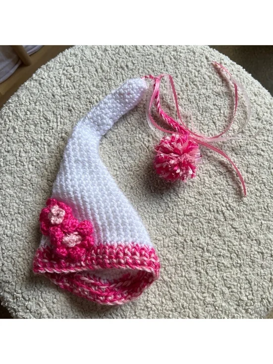 Hand Crocheted White and Pink Elf Hat with Pom Pom and Floral Detail