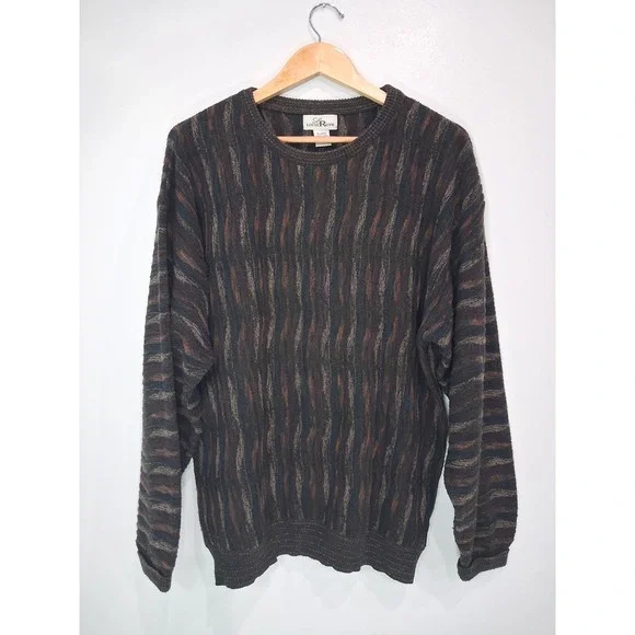 Louis Roth Mens XL Textured 3D Knit Sweater Multicolor Abstract Crew Neck Turkey