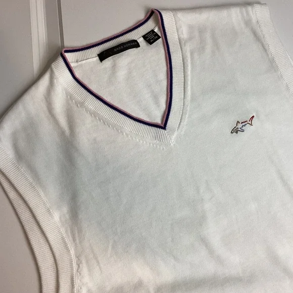 Greg Norman Mens XL White V-Neck Golf Sweater Vest Shark Logo Blue Pink Trim