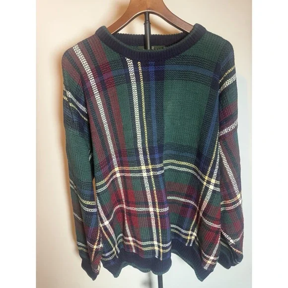 VTG Orvis Knit Plaid Long Sleeve Heavy Sweater Green Men's Xl