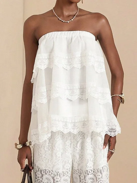 White Boho Women's Lace Trim Bandeau Top
