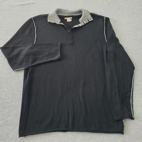 Carbon2Cobalt Mens Black Cotton Cashmere Button Mock Neck Pullover Sweater L