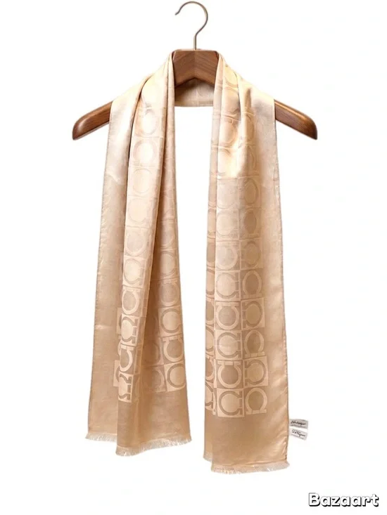 Salvatore Ferragamo Wool Silk Logo Monogram Scarf Beige Taupe
