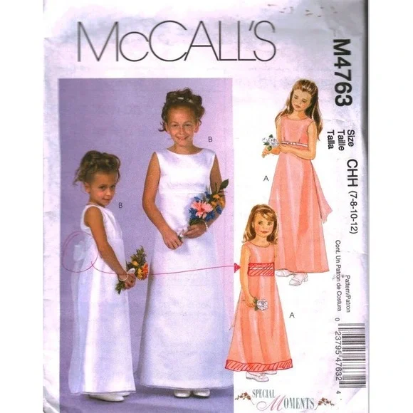 McCalls M4763 Girls Flower Girl Dress Sewing Pattern Size CHH 7 8 10 Formal
